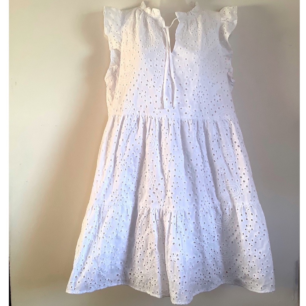 Time and Tru Womens‎ White Eyelet Tiered Mini Dress Ruffle Neck TT23100071997E M